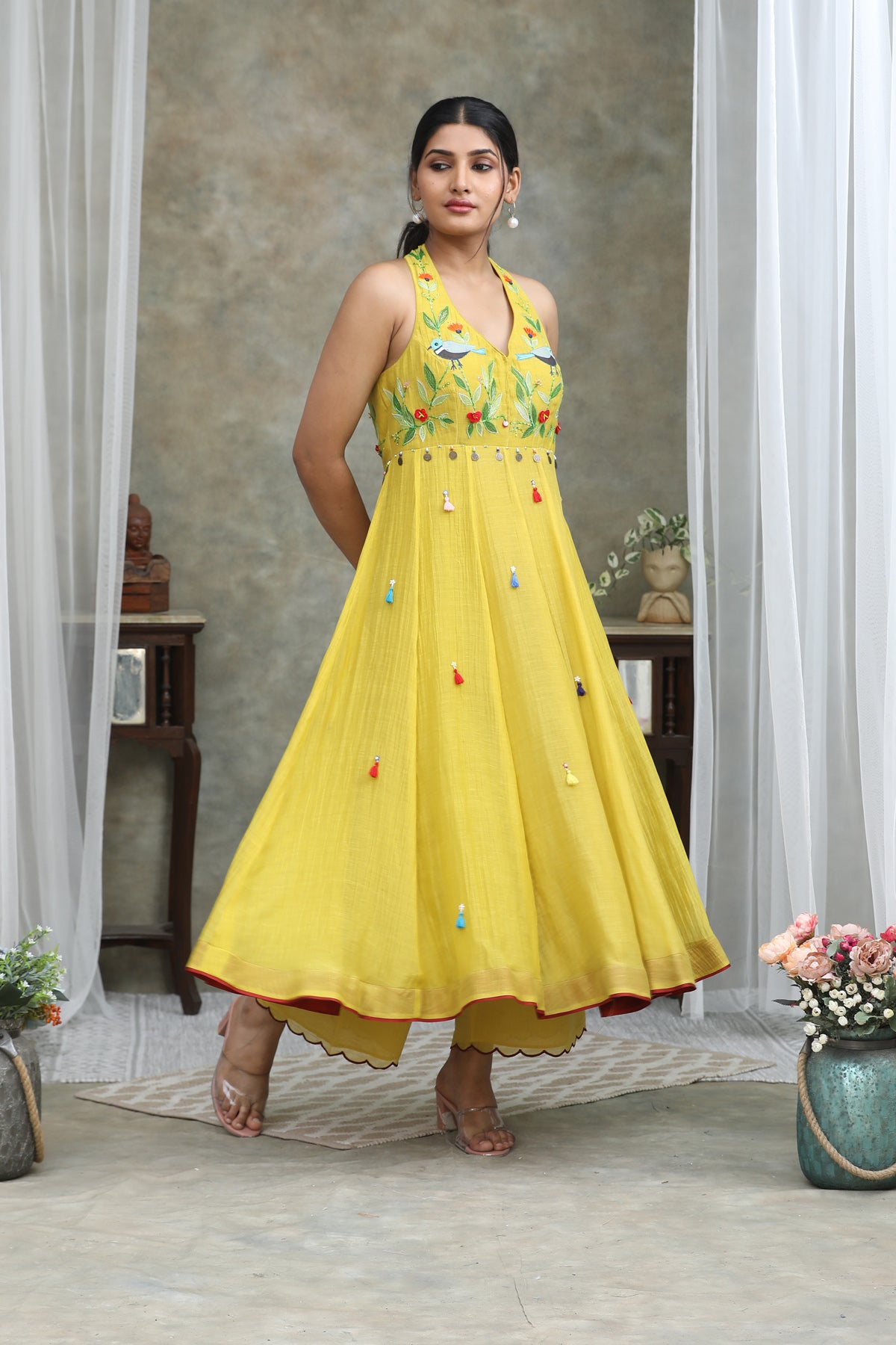 Nazm Yellow  CHANDERI Organza Anarkali