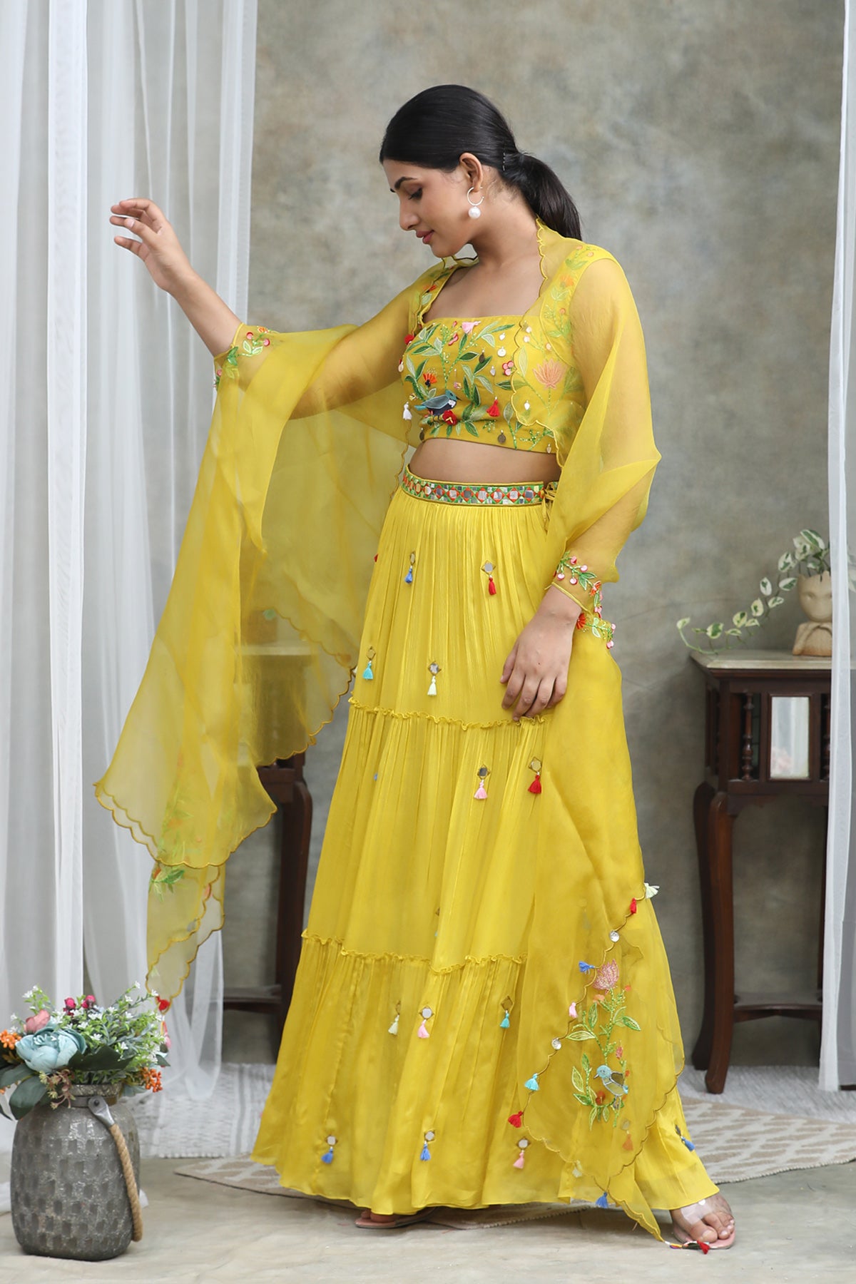 Nazm Yellow Organza Cape Lehenga