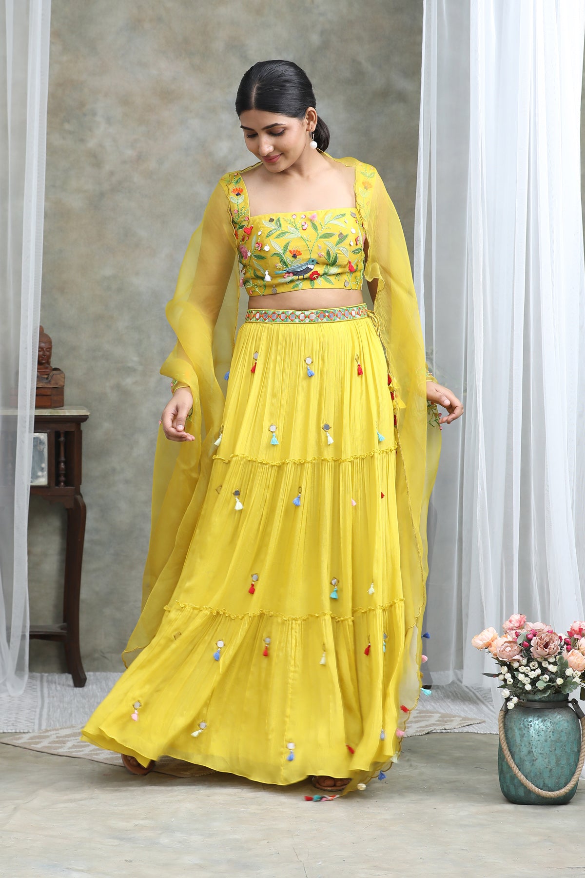 Nazm Yellow Organza Cape Lehenga