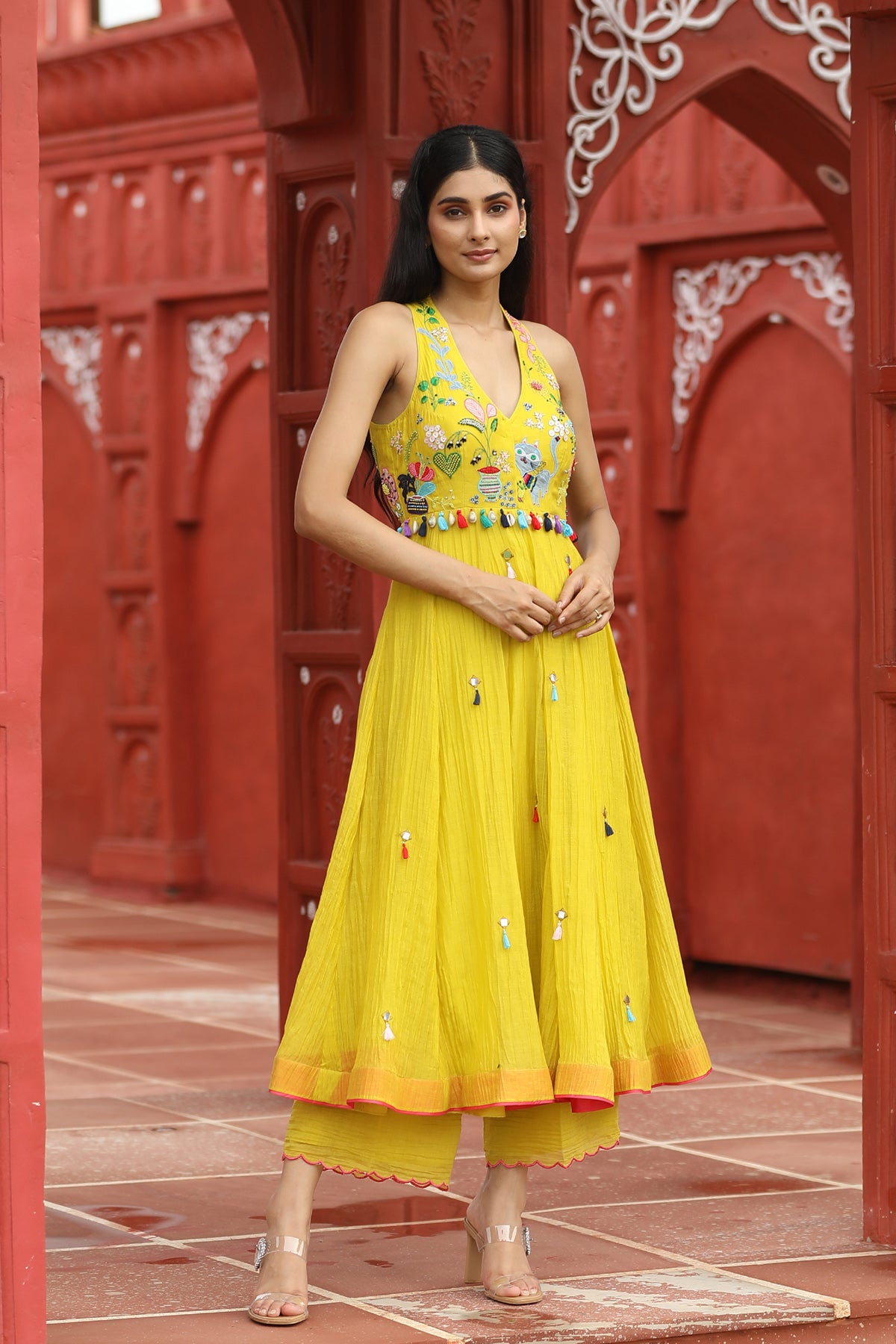 MERAKI YELLOW RESHAM WORK ANNARKALI