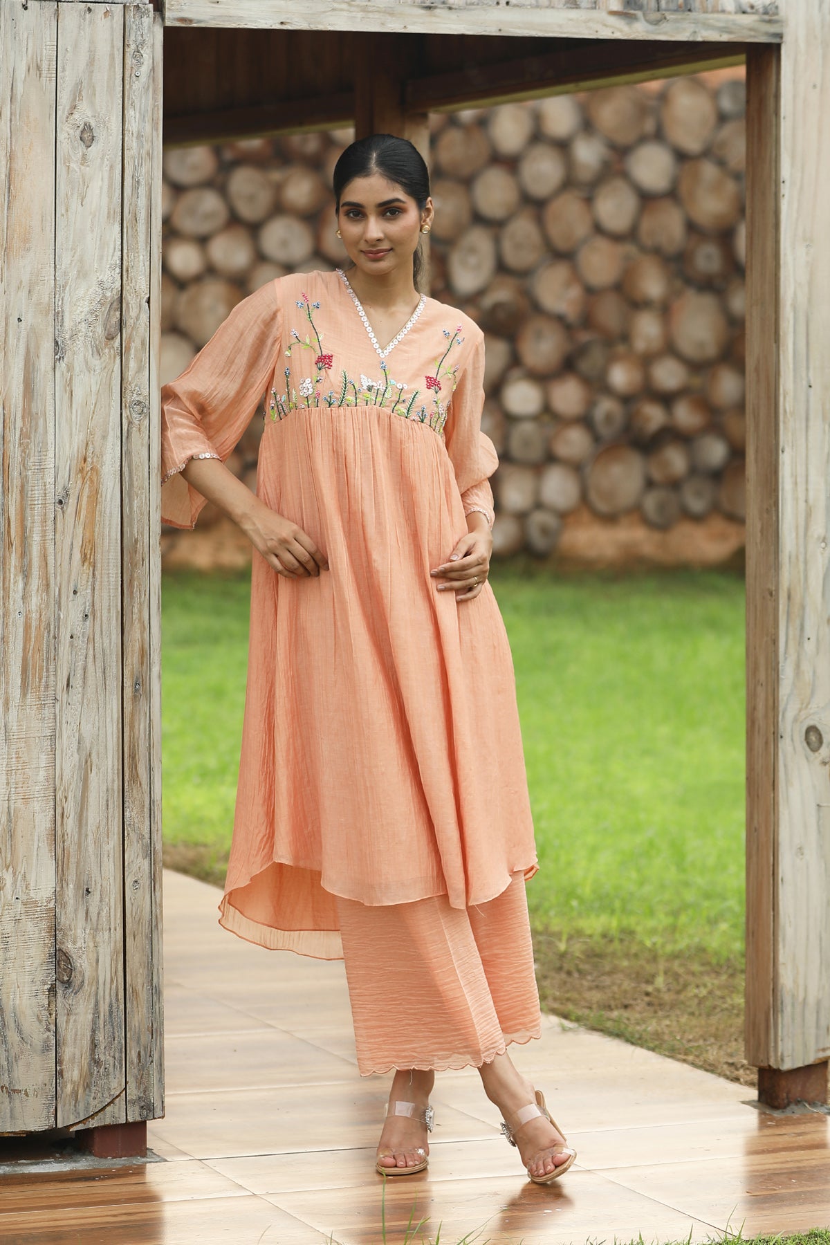 MERAKI PEACH HIGHYOKE EMBRIODED KURTA SET