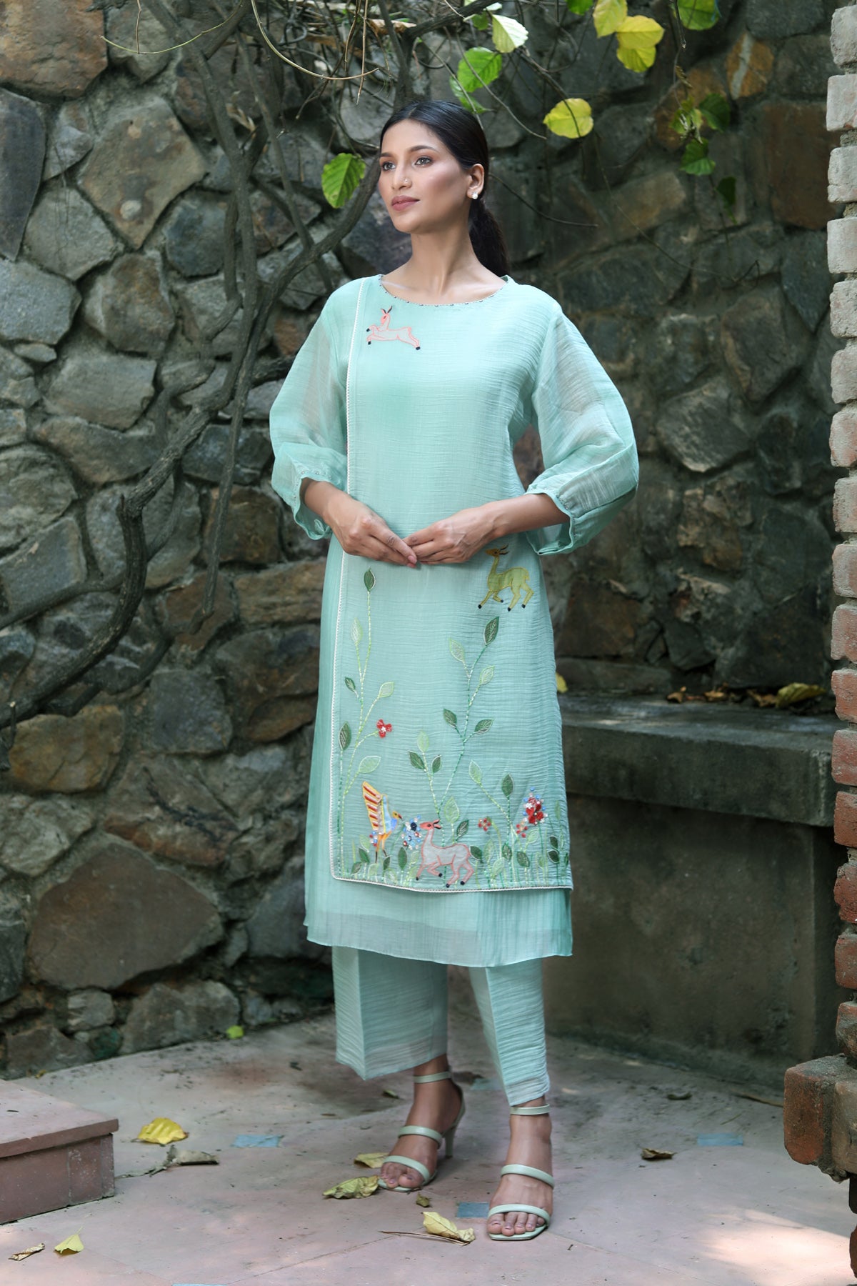 PAPEEHA MINT GREEN RESHAM KURTA SETS