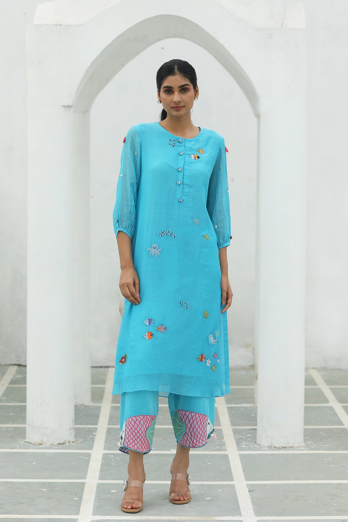 MERAKI TURQUOISE BLUE HANDLOOM  KURTA SET