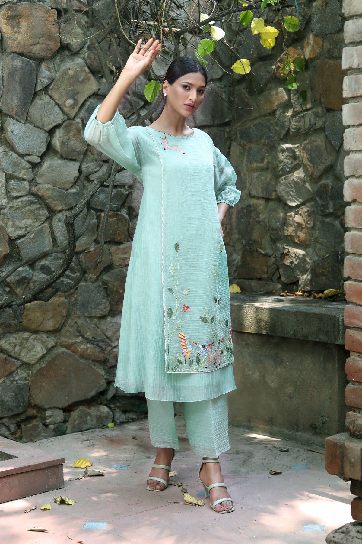 PAPEEHA MINT GREEN RESHAM KURTA SETS