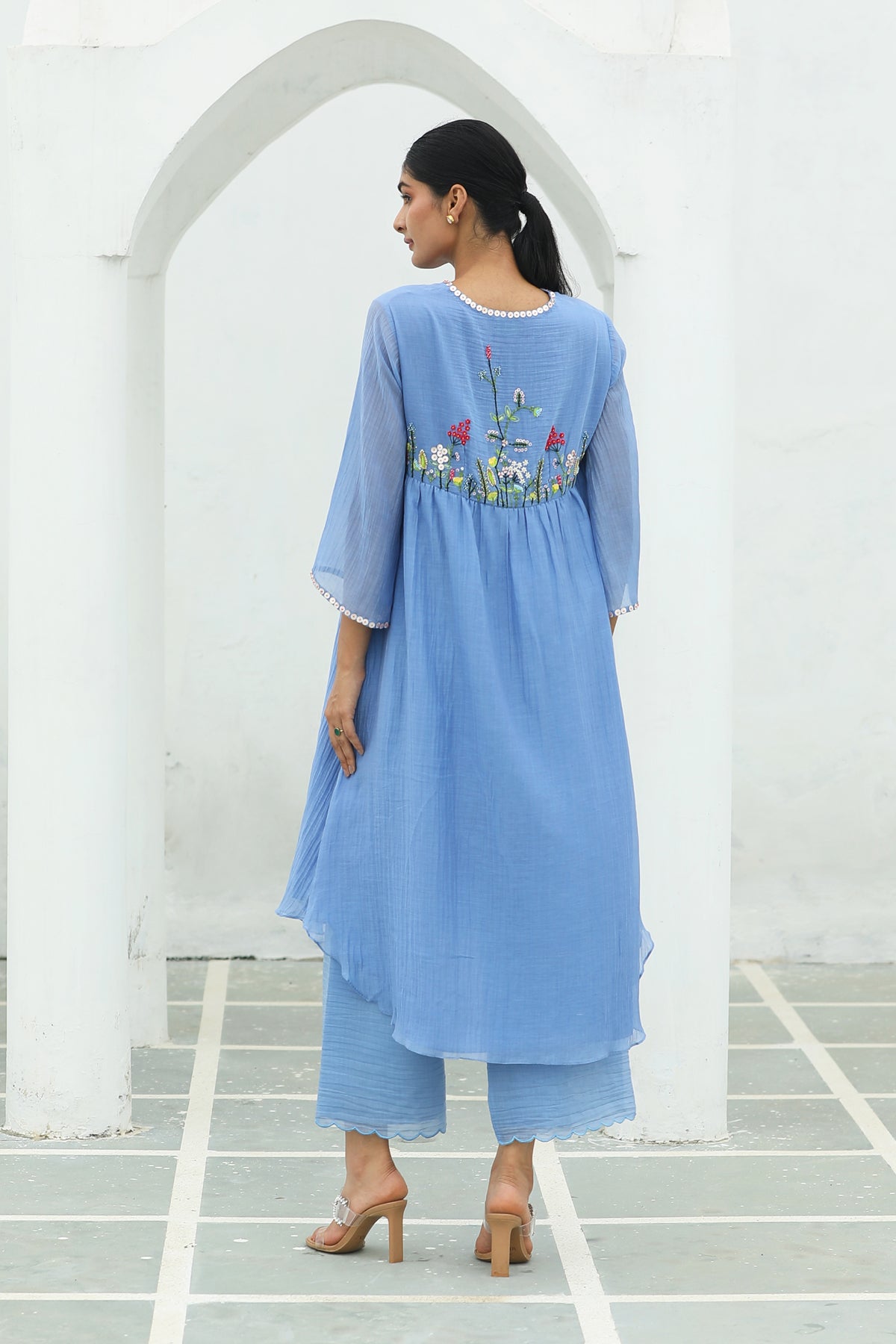 MERAKI BLUE HIGHYOKE EMBRIODED KURTA SET