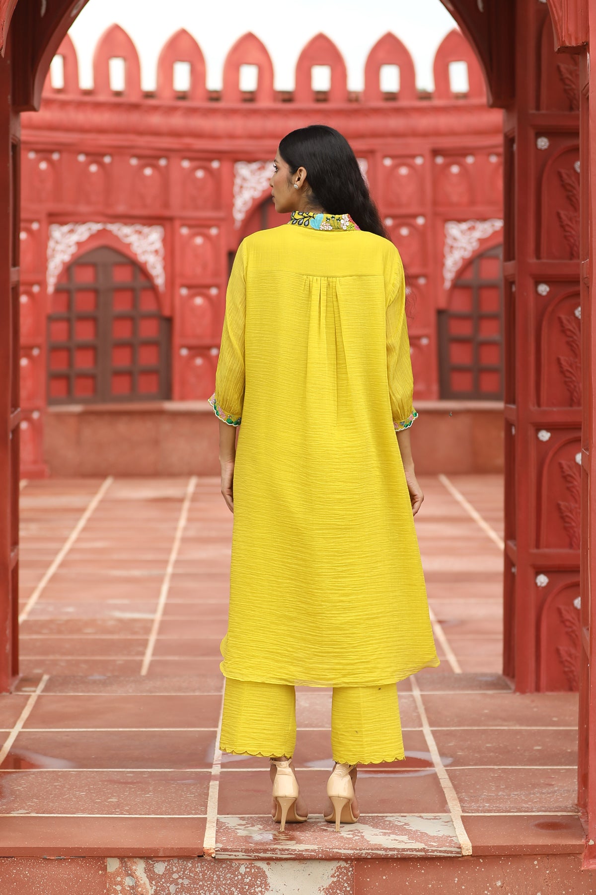 MERAKI YELLOW PLEALTED EMBROIDED KURTA