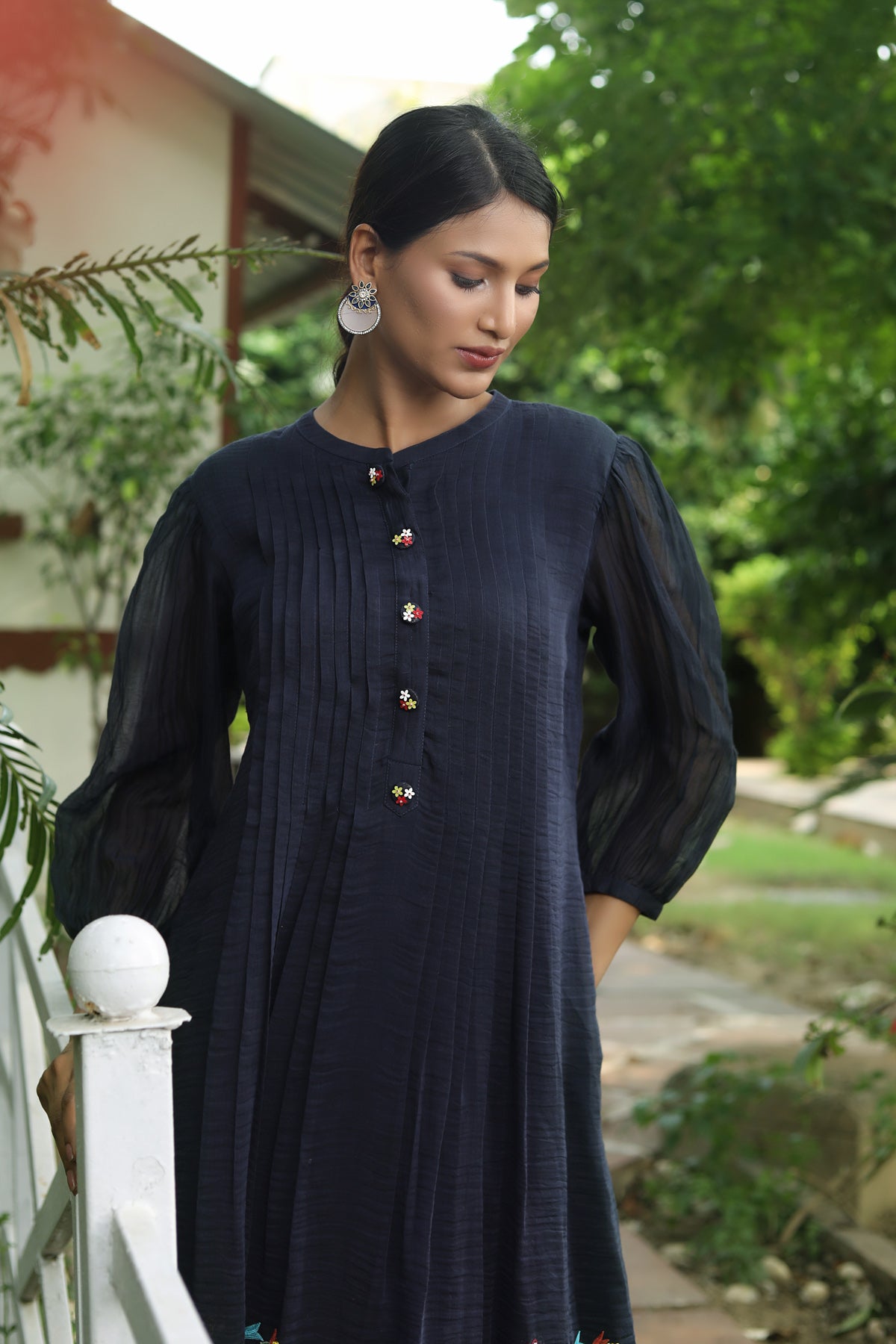 PAPEEHA NAVY BLUE HANDLOOM CHANDERI DRESS