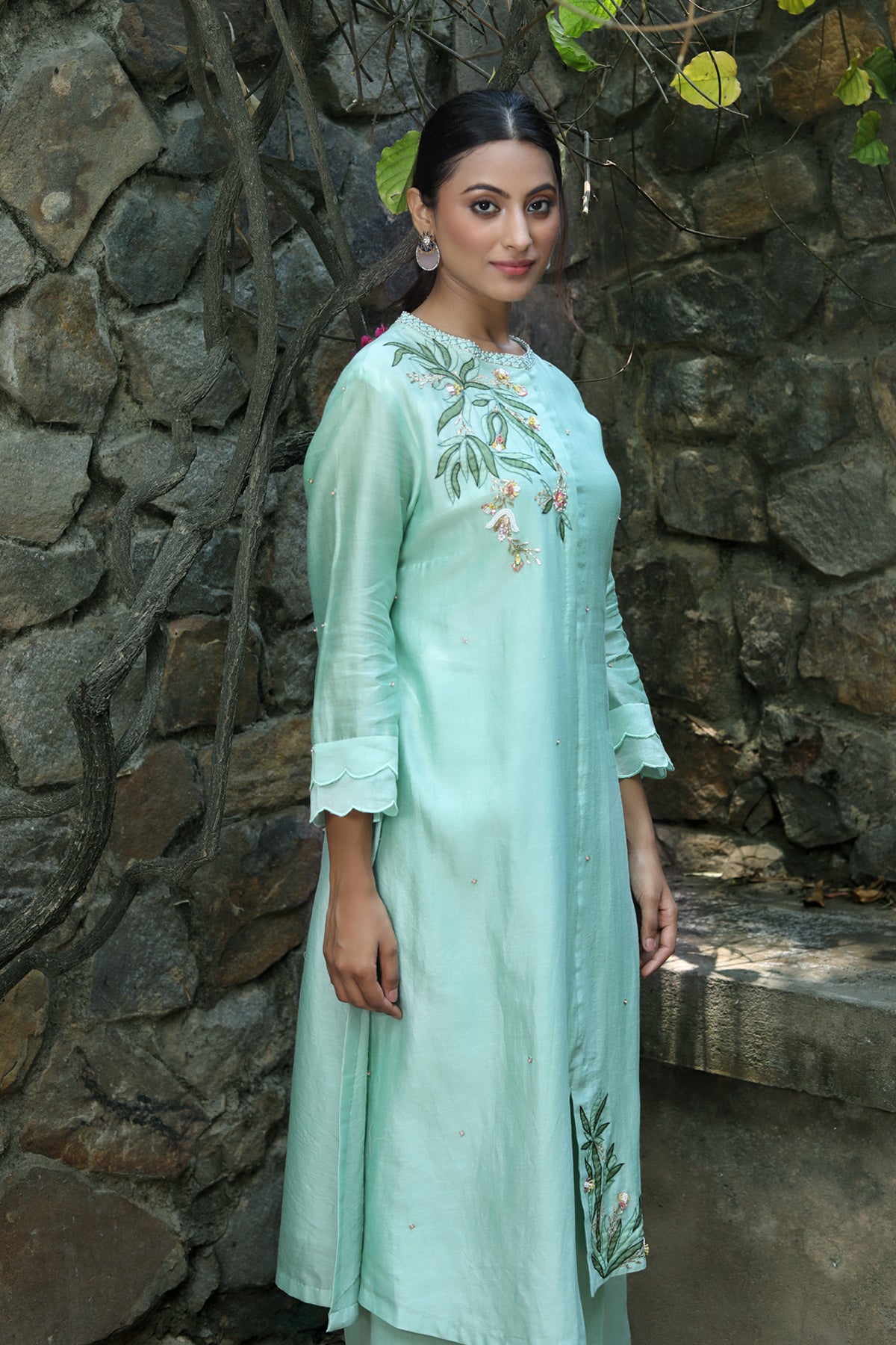 PAPEEHA MINT SILK CHANDERI KURTA SET