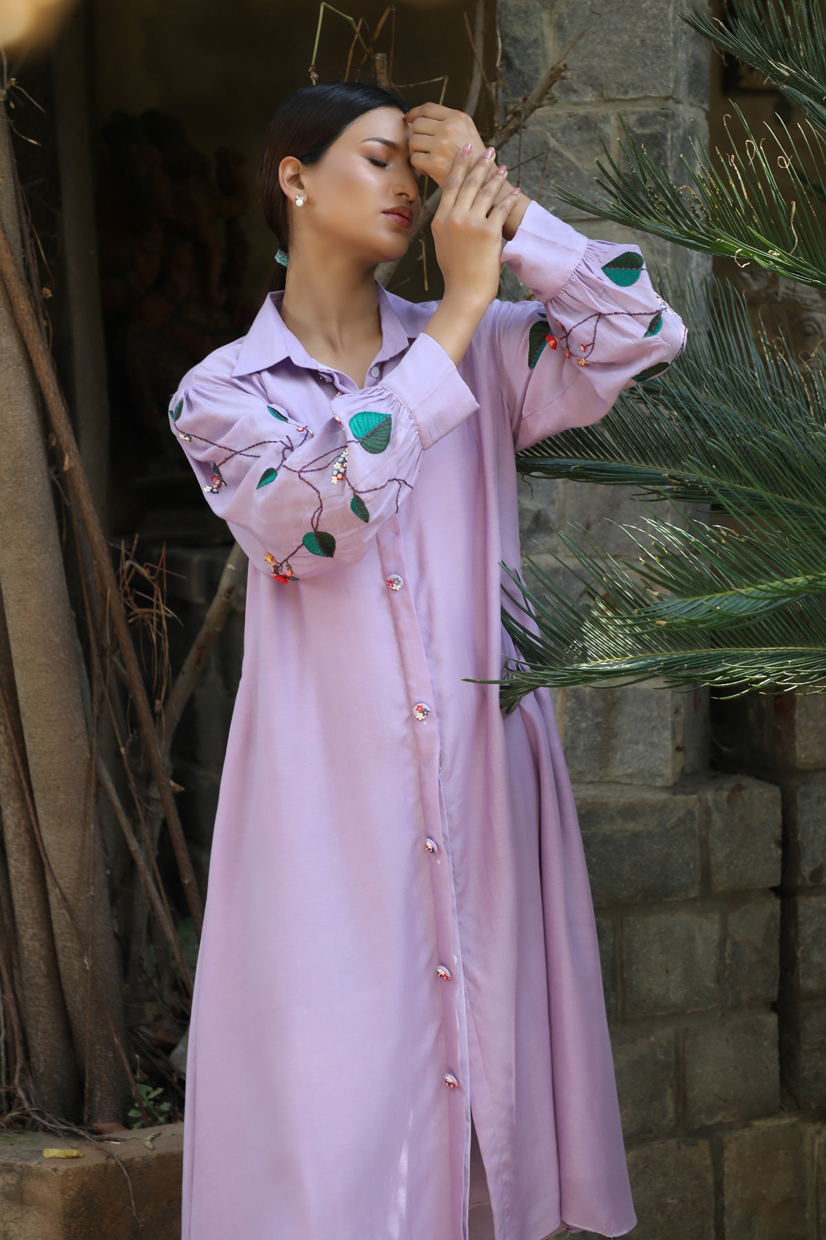 PAPEEHA LILAC COTTON SILK BUTTON UP DRESS