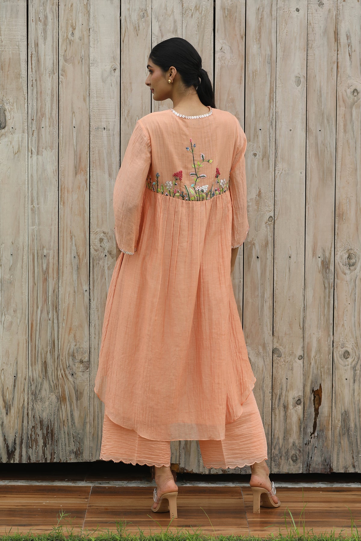 MERAKI PEACH HIGHYOKE EMBRIODED KURTA SET