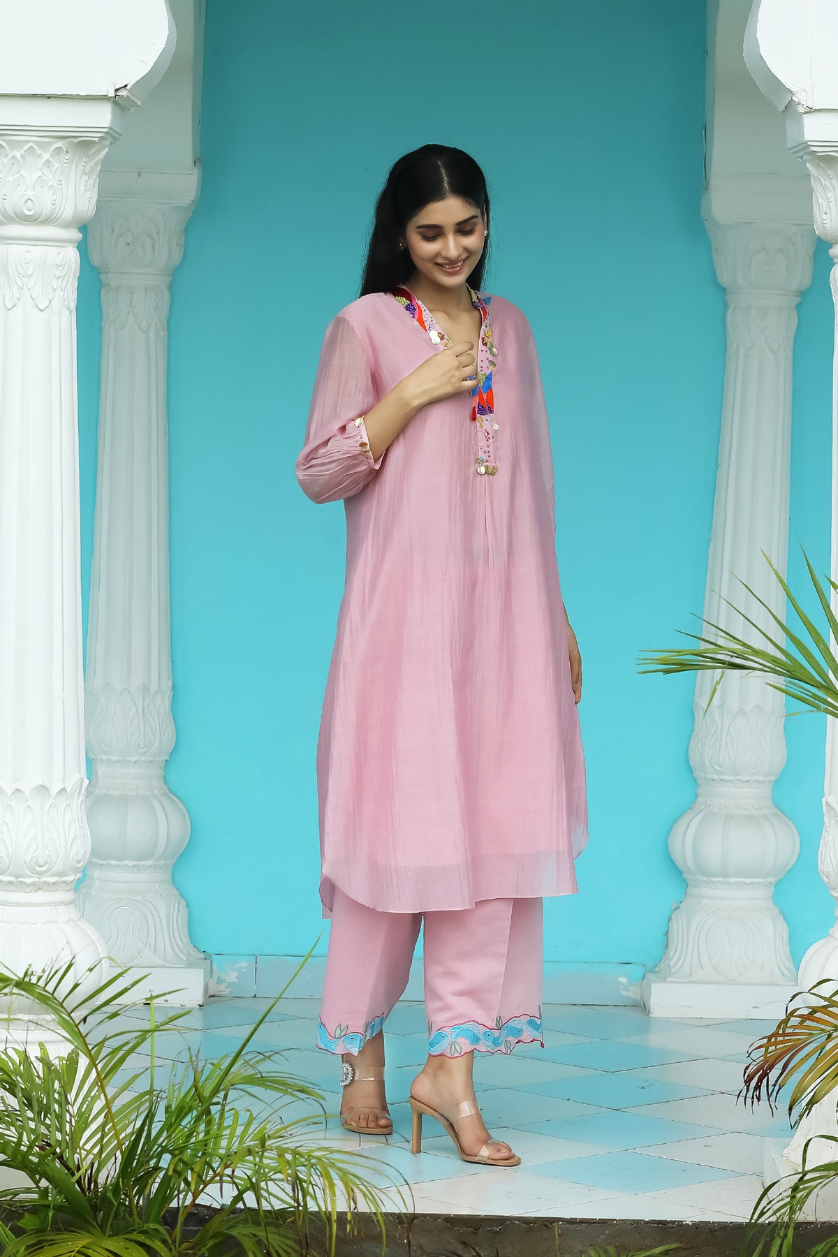 MERAKI LIGHT PINK HANDLOOM CHANDERI KURTA