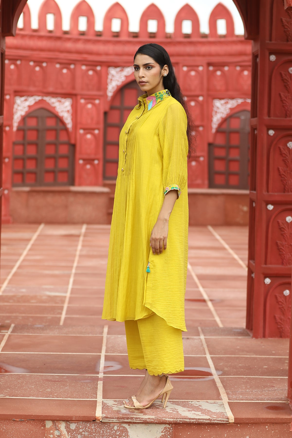 MERAKI YELLOW PLEALTED EMBROIDED KURTA