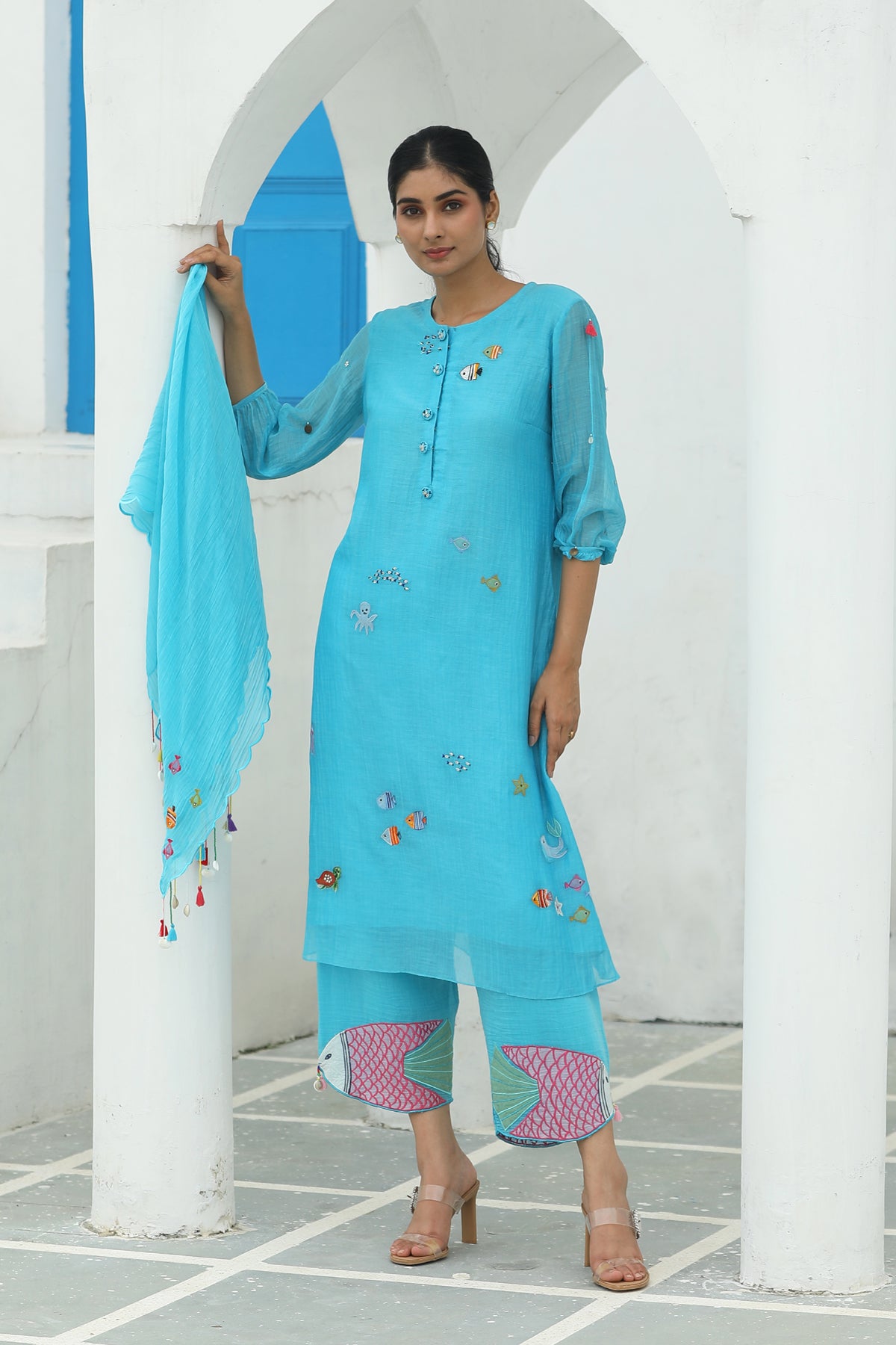 MERAKI TURQUOISE BLUE HANDLOOM  KURTA SET