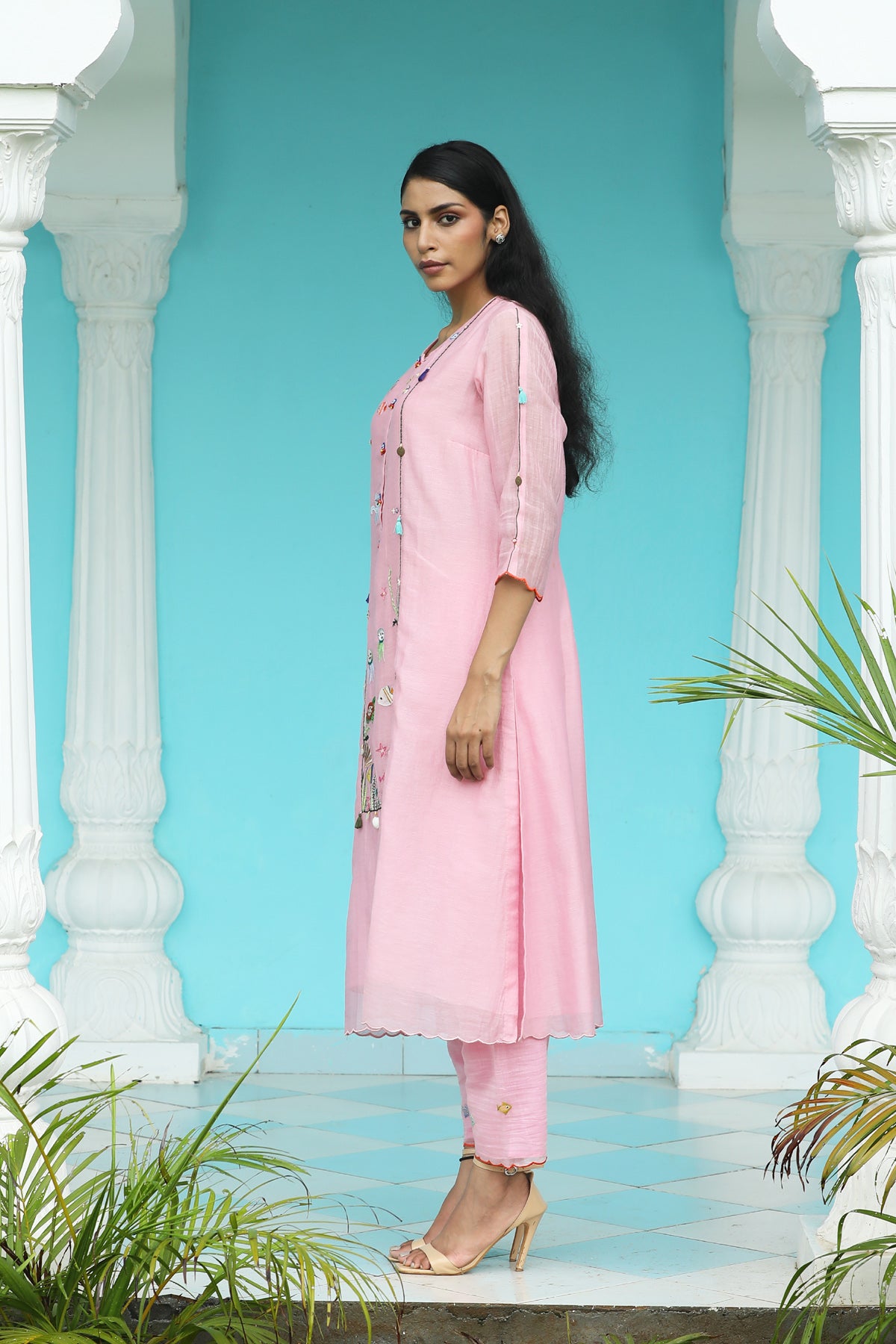 MERAKI LIGHT PINK HANDLOOM CHANDERI KURTA SET