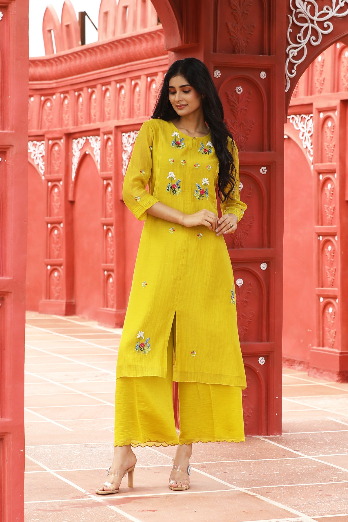 MERAKI YELLOW HANDLOOM CHANDERI KURTA SET