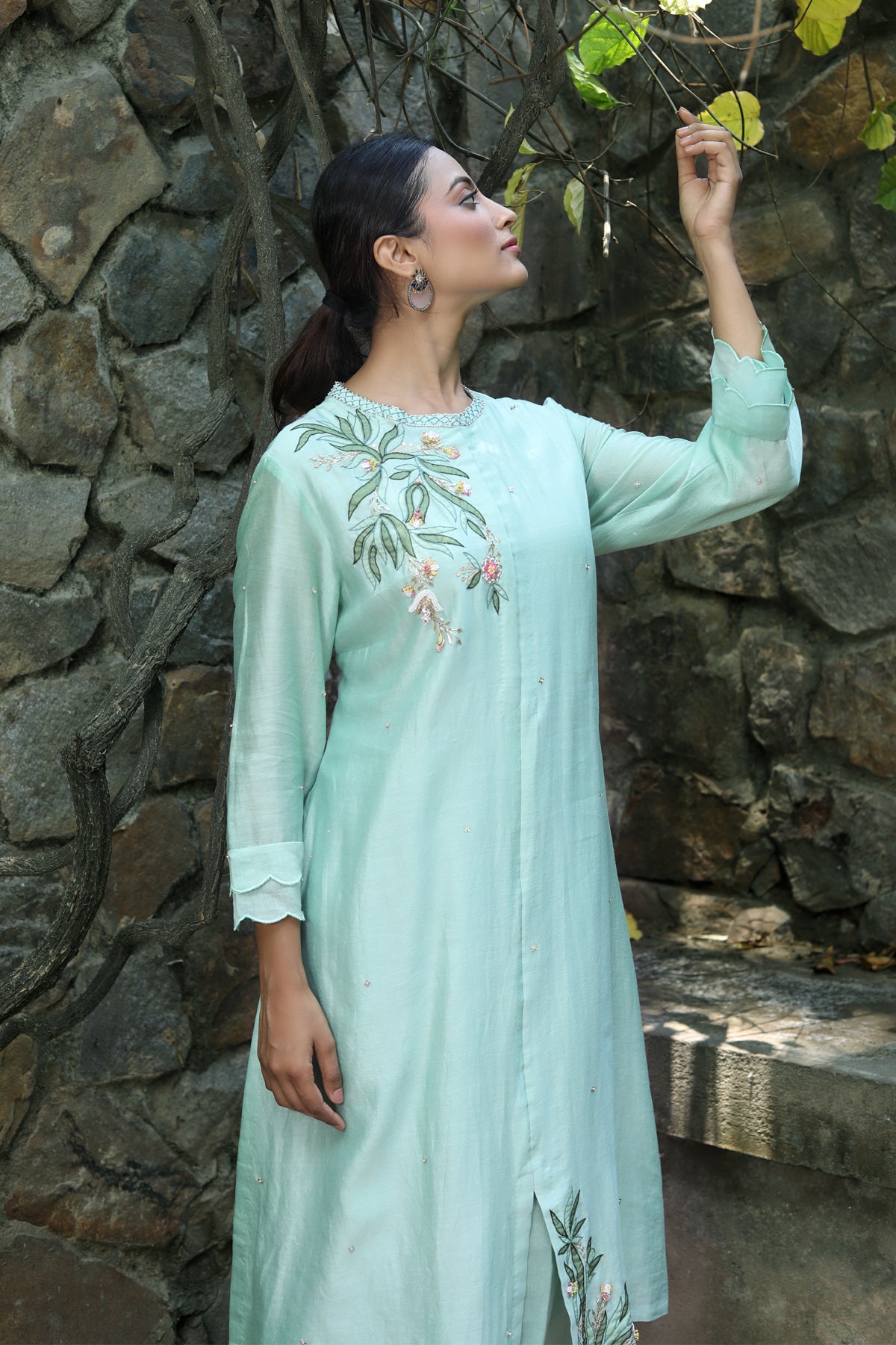 PAPEEHA MINT SILK CHANDERI KURTA SET