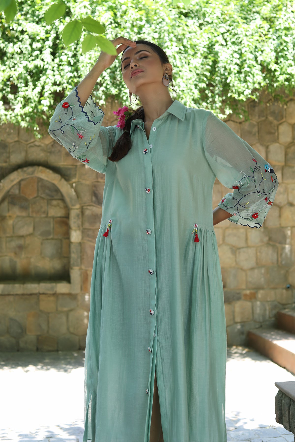 PAPEEHA MINT GREEN CHANDERI DRESS