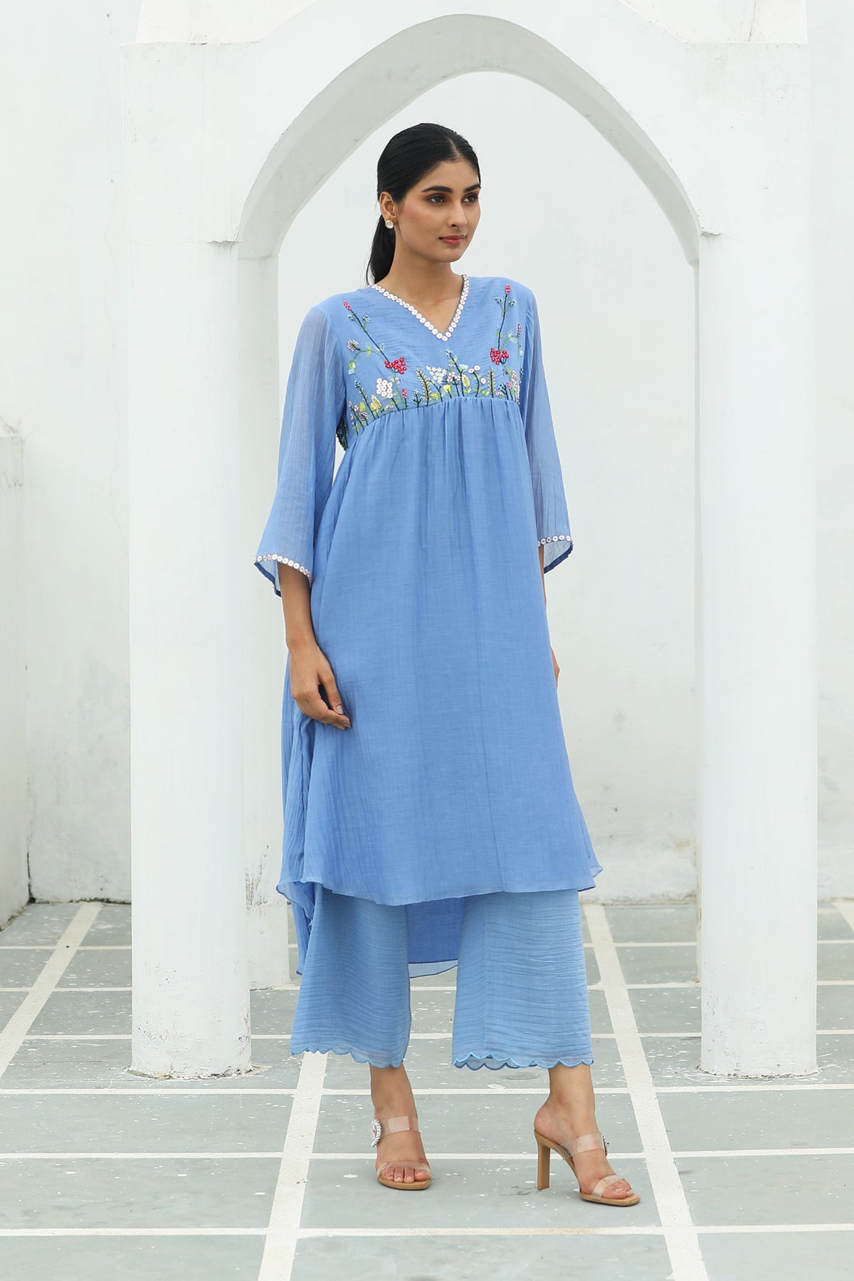 MERAKI BLUE HIGHYOKE EMBRIODED KURTA SET