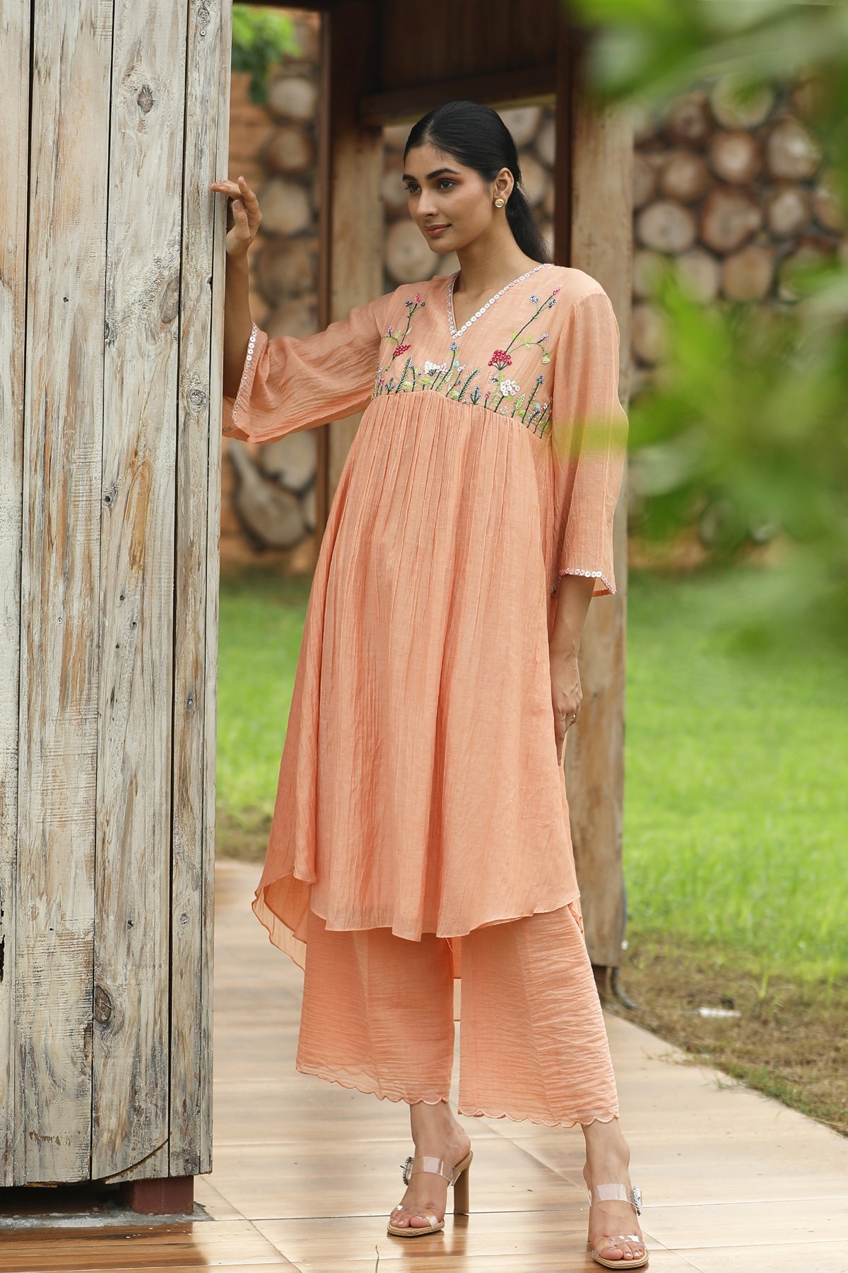 MERAKI PEACH HIGHYOKE EMBRIODED KURTA SET