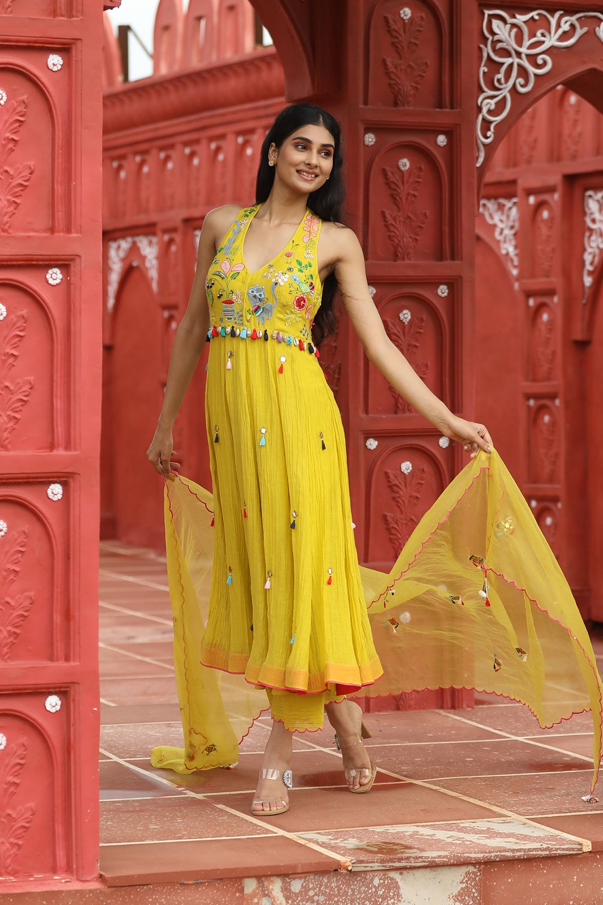 MERAKI YELLOW RESHAM WORK ANNARKALI