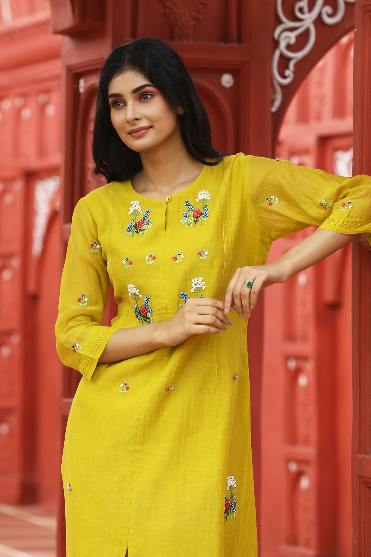 MERAKI YELLOW HANDLOOM CHANDERI KURTA SET