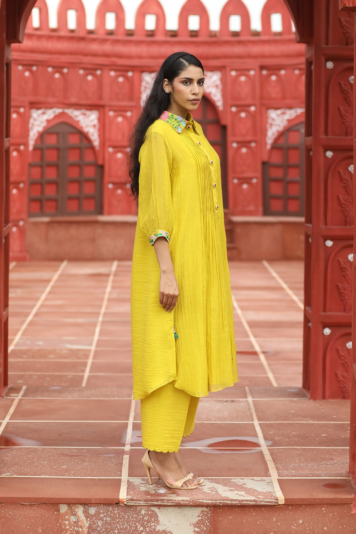 MERAKI YELLOW PLEALTED EMBROIDED KURTA