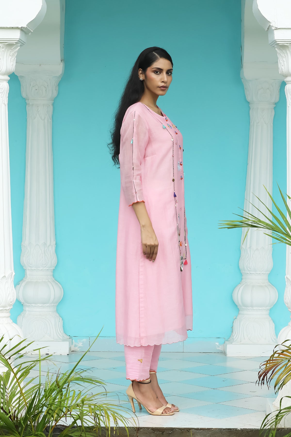 MERAKI LIGHT PINK HANDLOOM CHANDERI KURTA SET