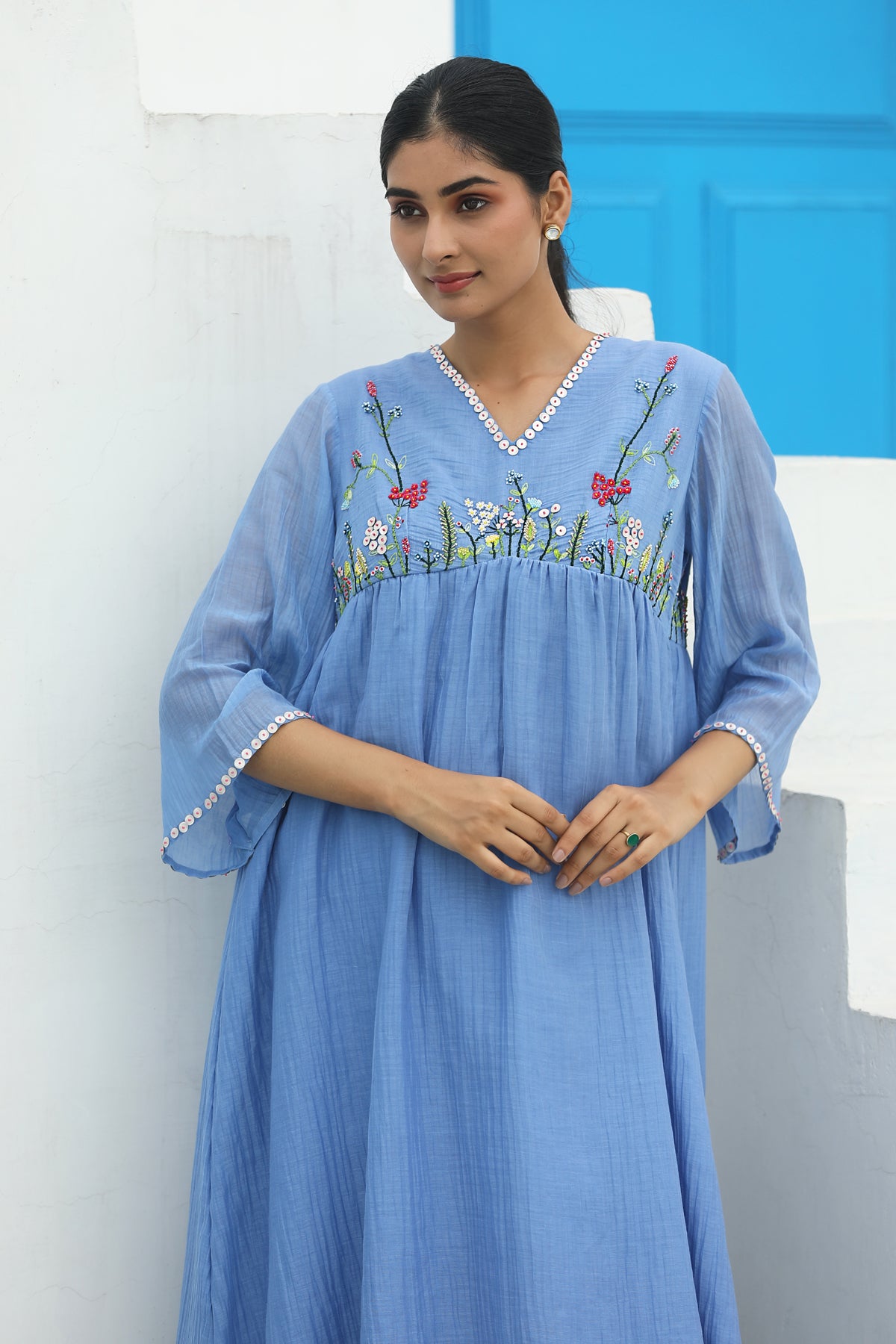 MERAKI BLUE HIGHYOKE EMBRIODED KURTA SET