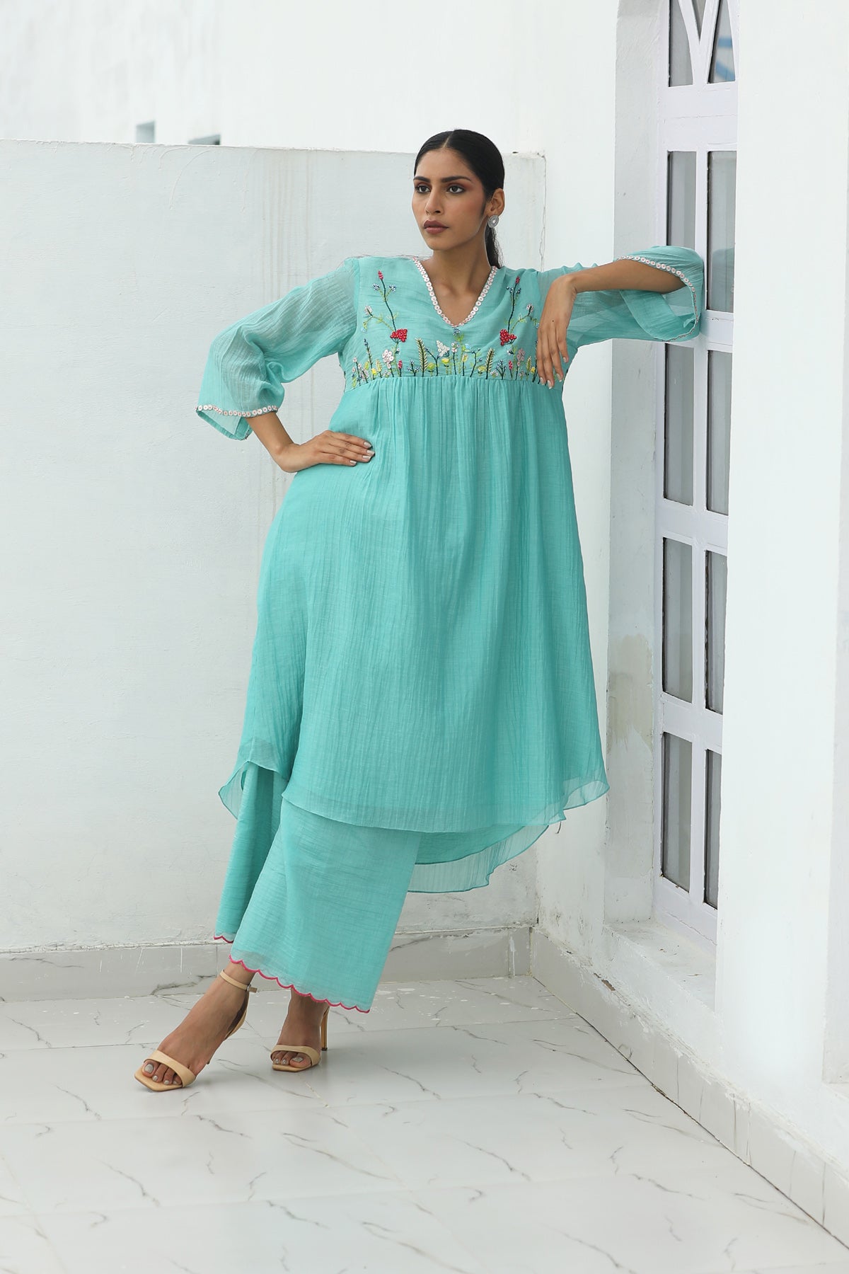 MERAKI POWDER BLUE HANDLOOM  KURTA SET