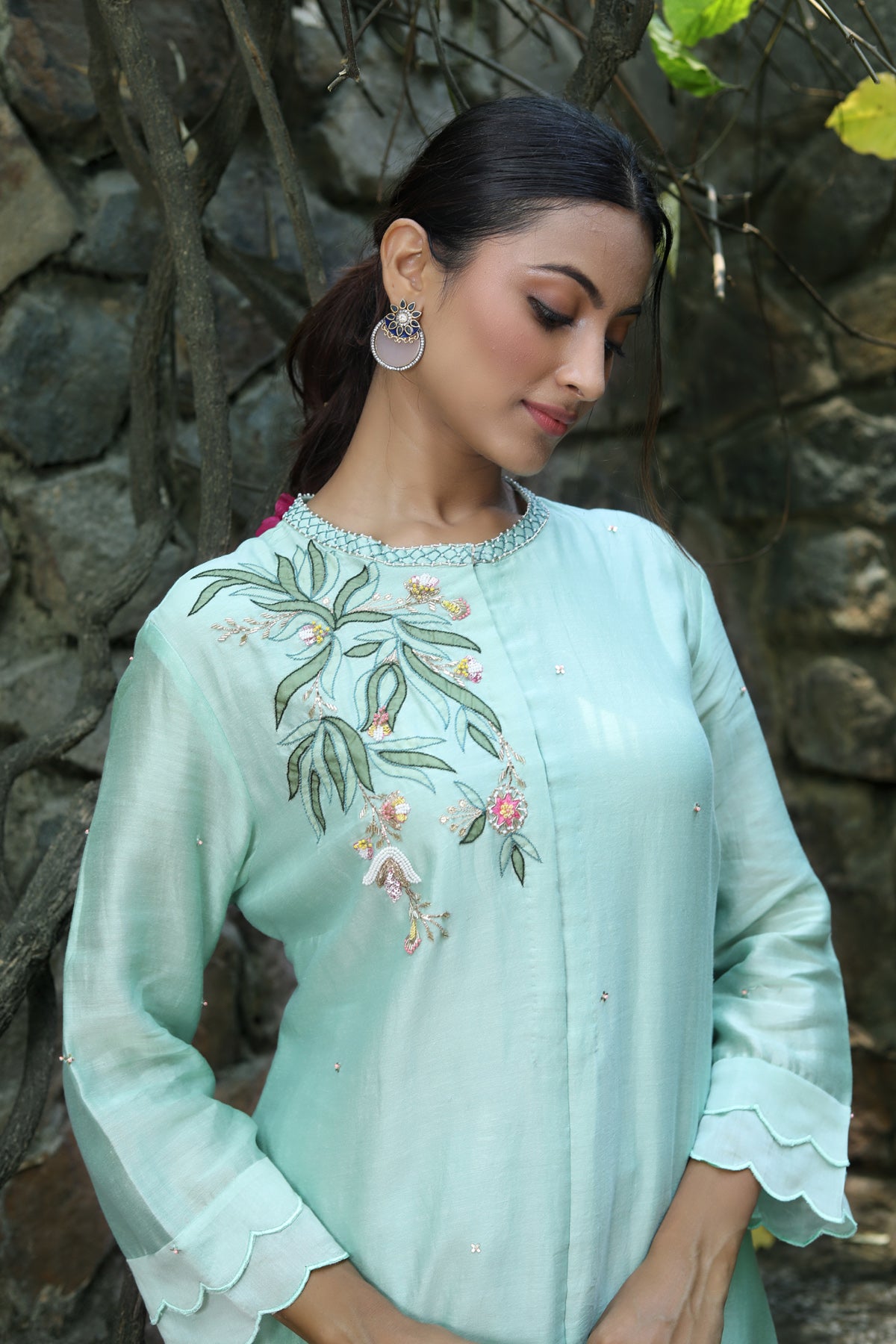 PAPEEHA MINT SILK CHANDERI KURTA SET