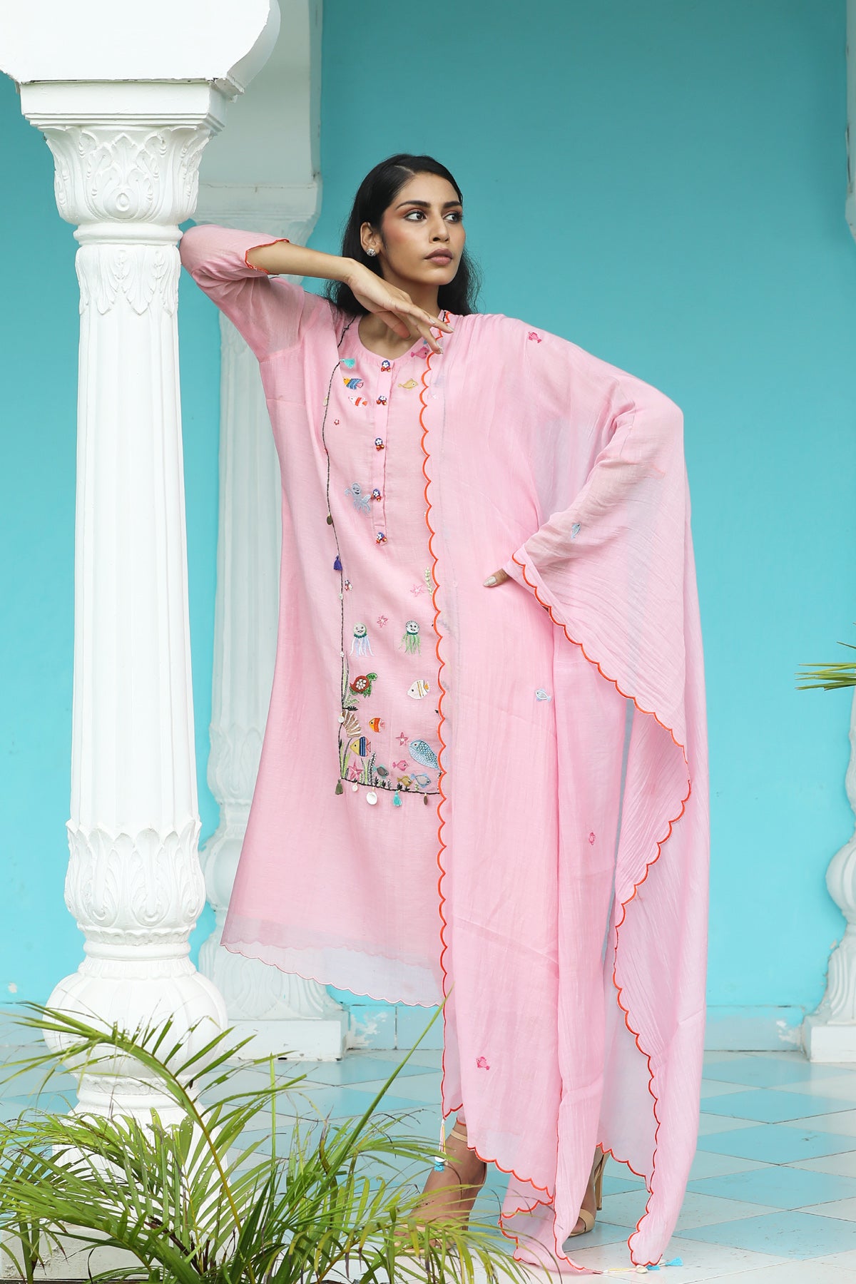 MERAKI LIGHT PINK HANDLOOM CHANDERI KURTA SET