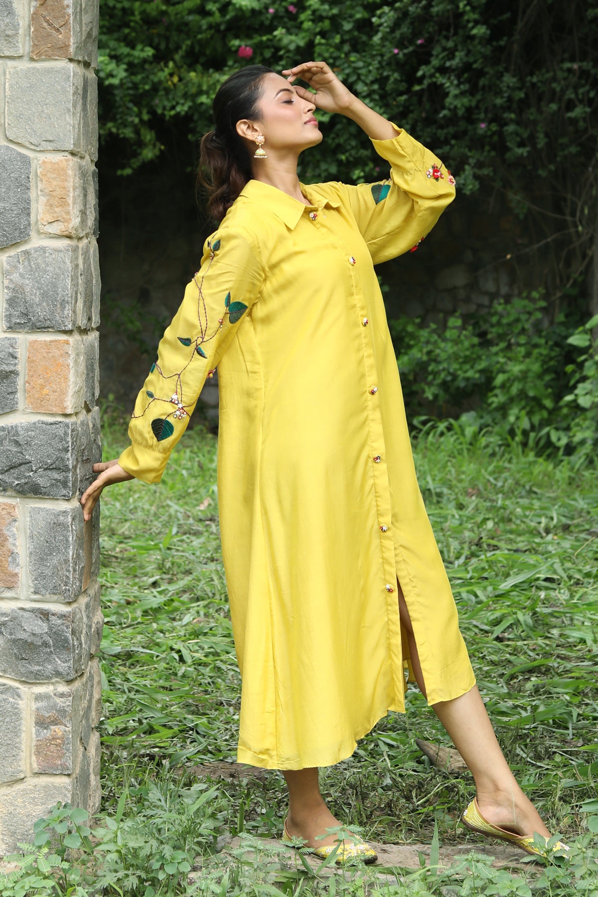 PAPEEHA yellow muslin long shirt dress