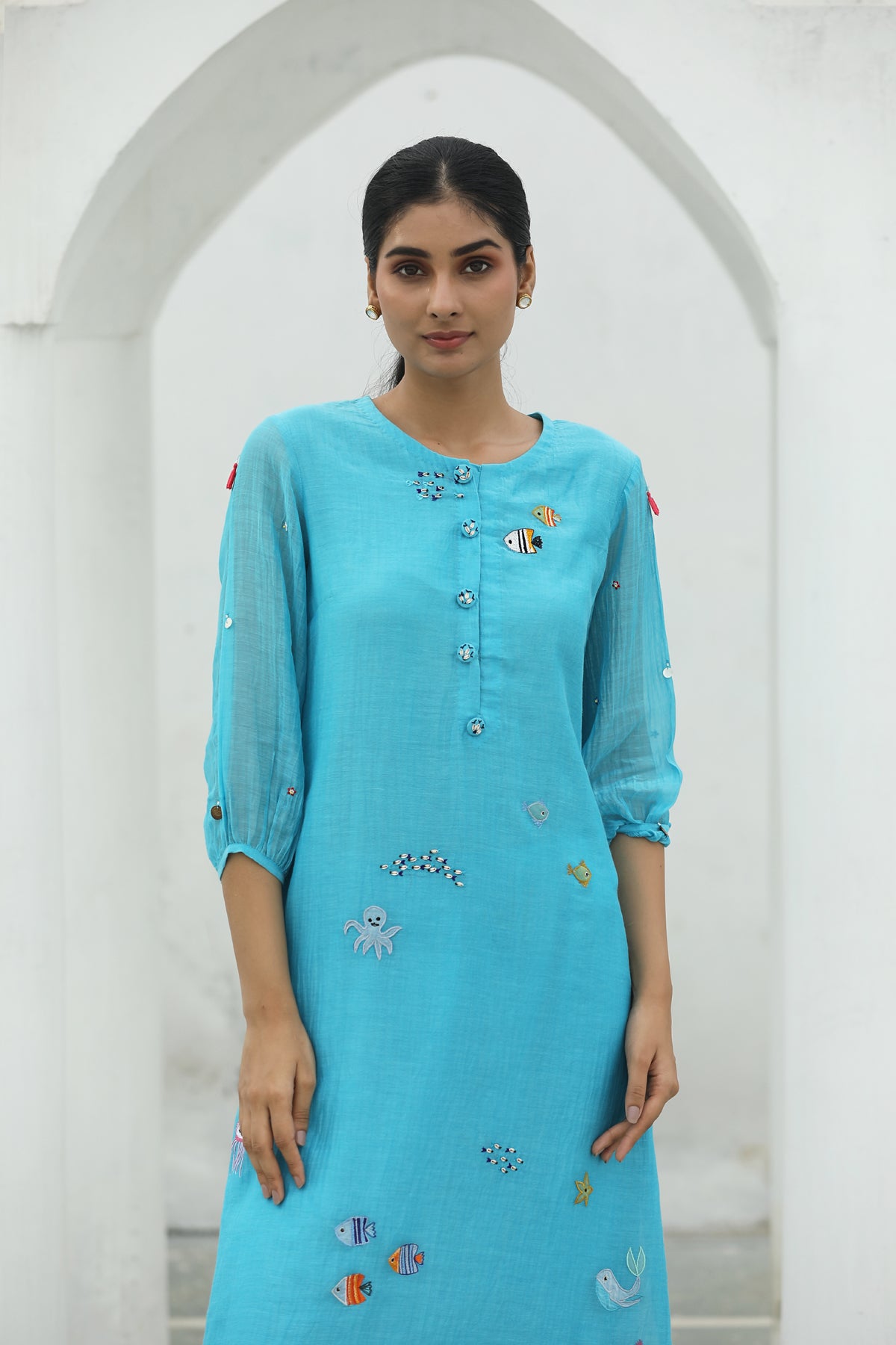 MERAKI TURQUOISE BLUE HANDLOOM  KURTA SET