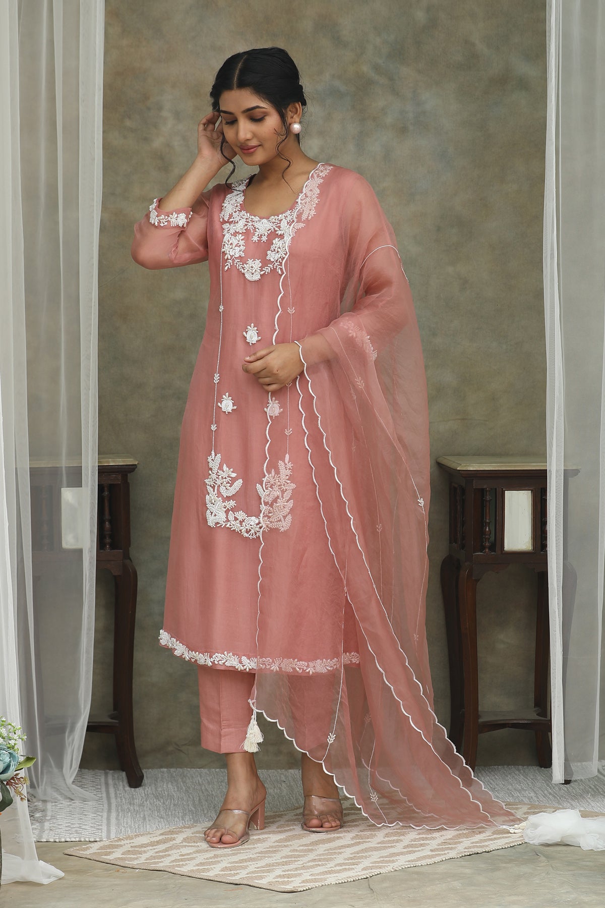 Nazm Rose Pink Organza Kurta Pants