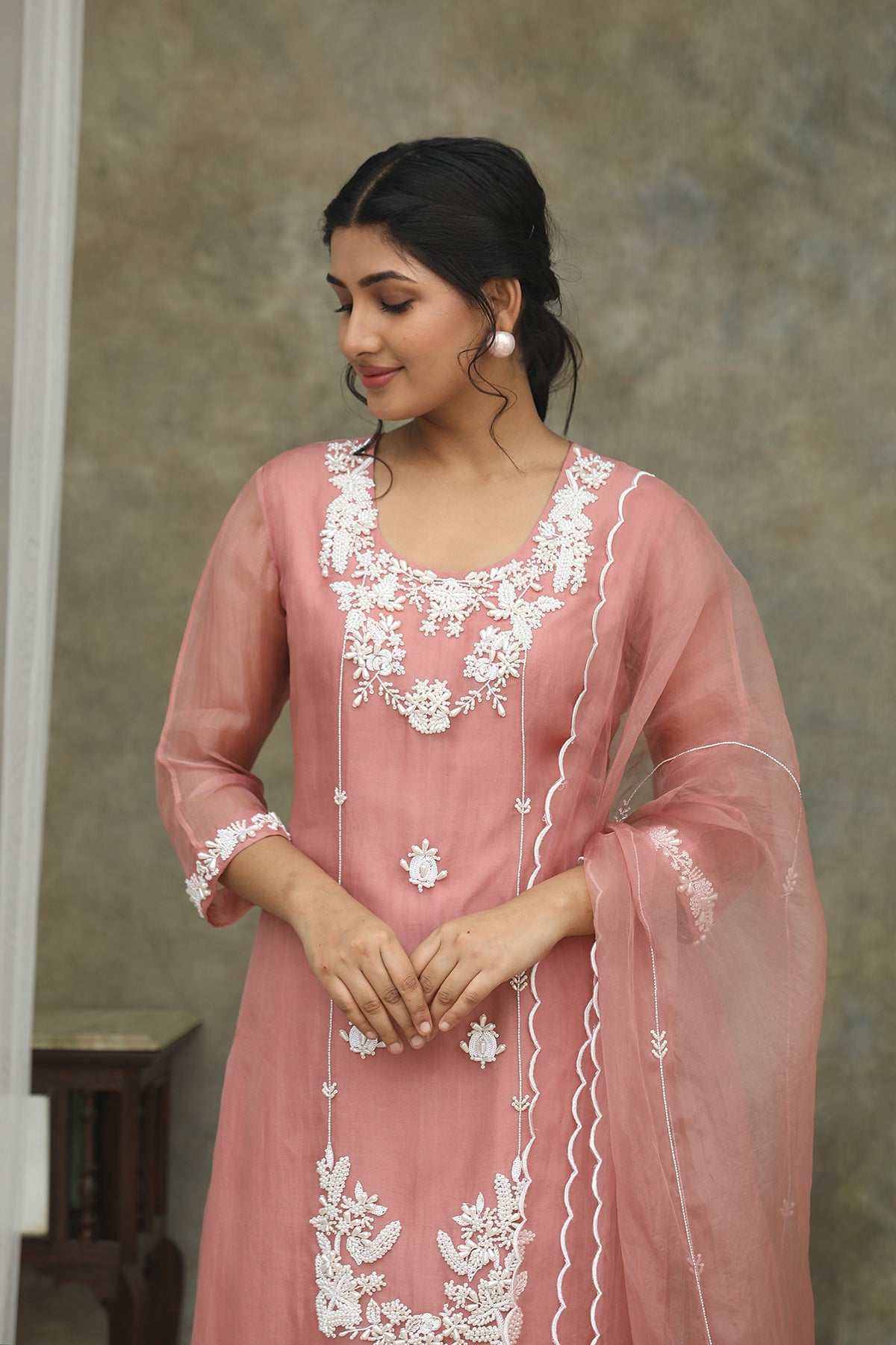 Nazm Rose Pink Organza Kurta Pants