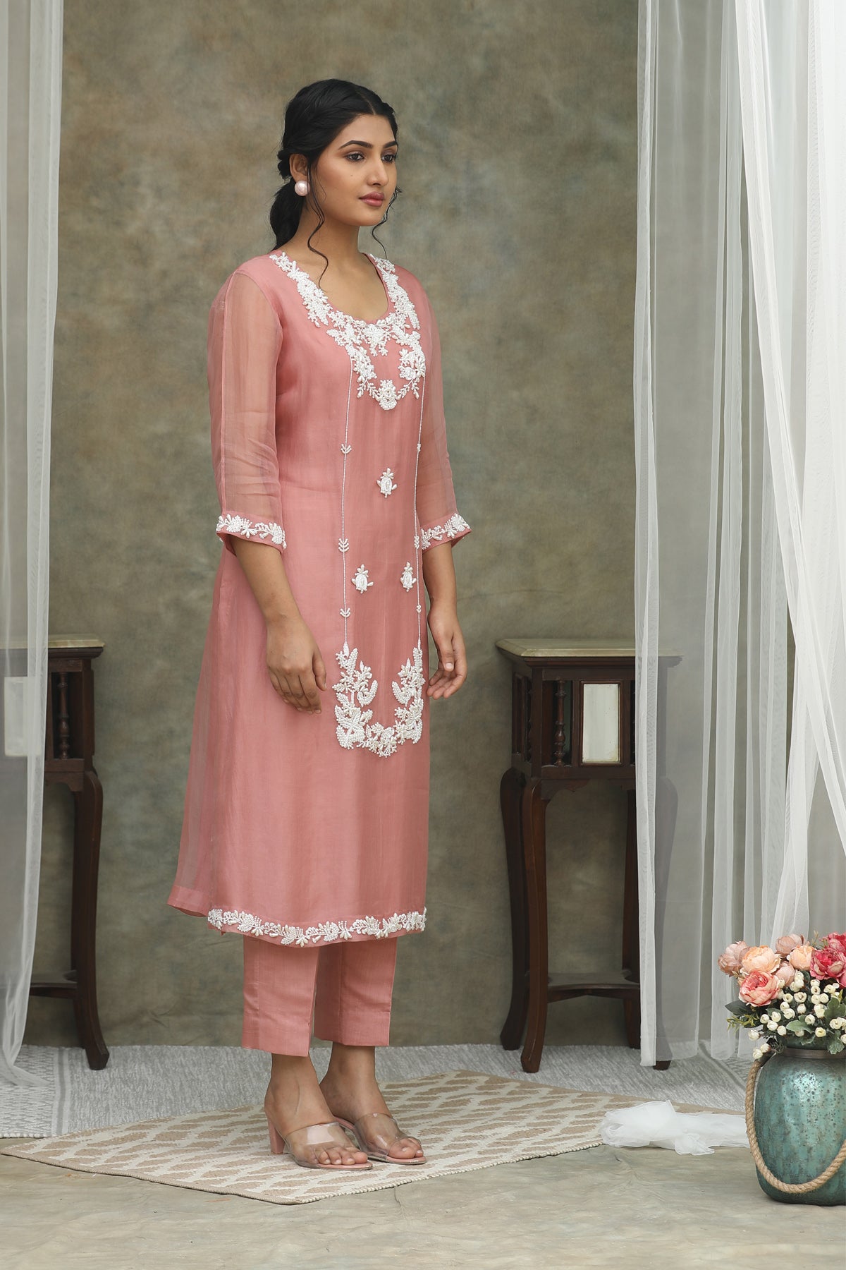 Nazm Rose Pink Organza Kurta Pants