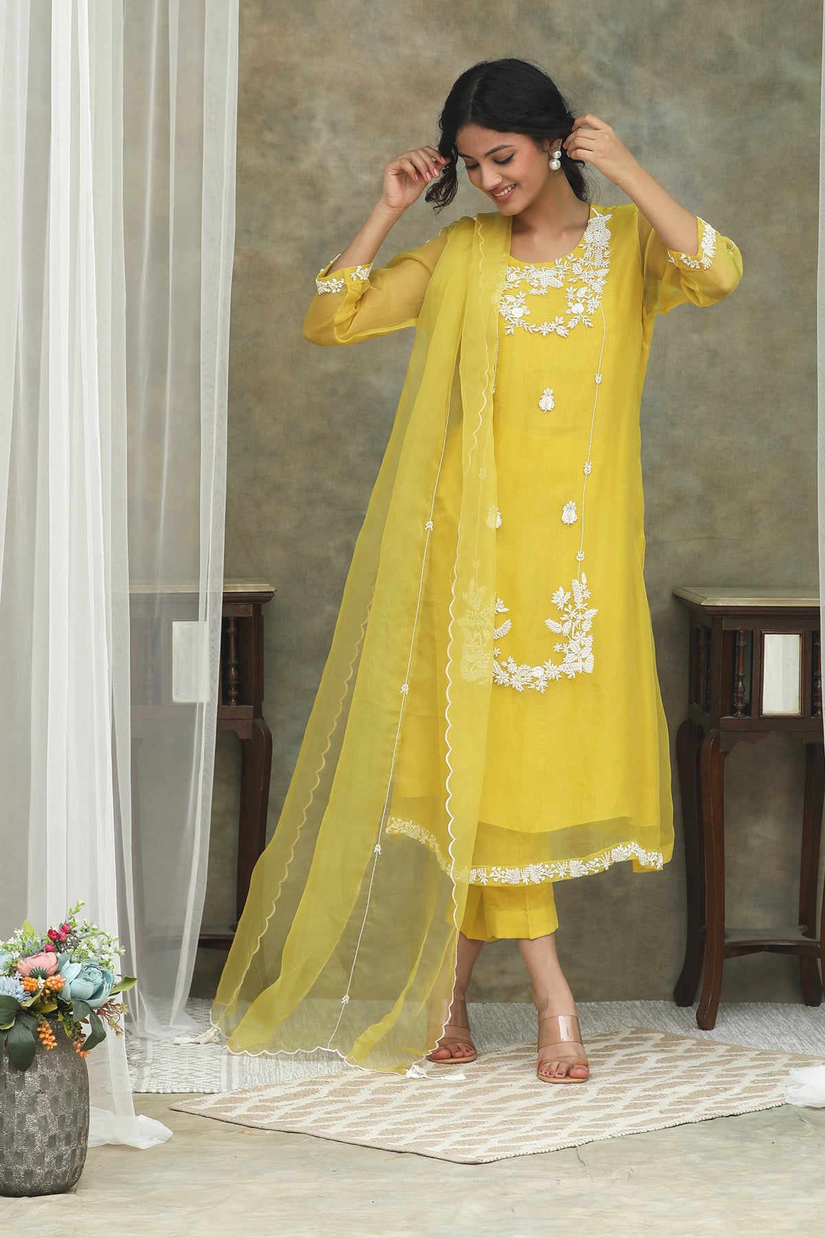 Nazm Yellow Organza Kurta Pants